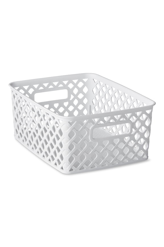 Small White Decorative Plastic Storage Basket, 10 in x 8 in x 4 in
