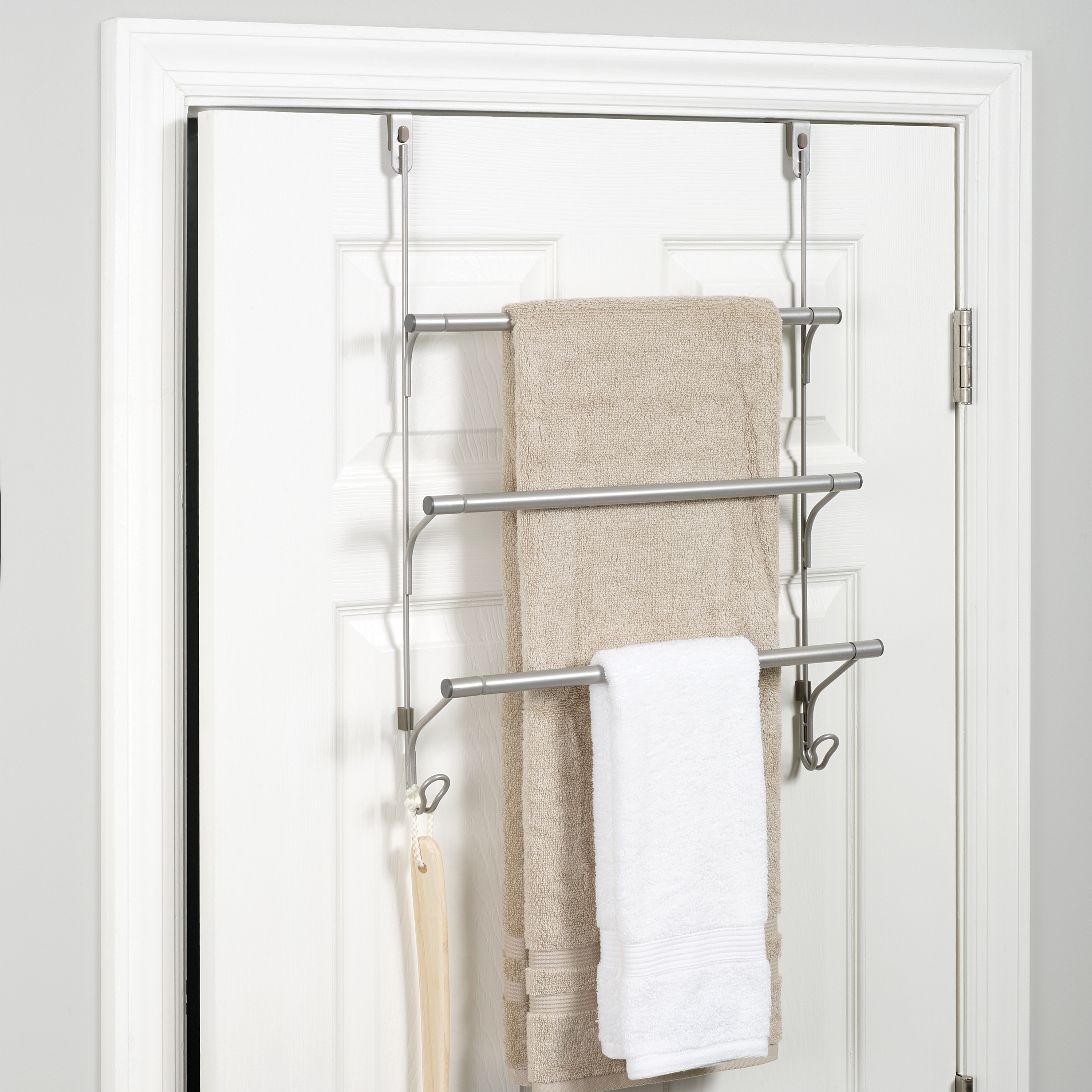 Mainstays SnugFit Over-the-Door 3-Tier Towel Bar with 2 Hooks, Satin Nickel - image 1 of 8