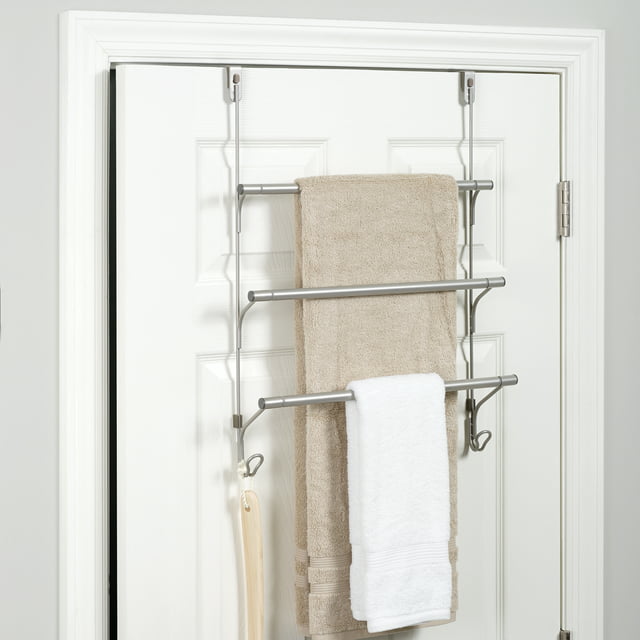 Mainstays SnugFit Over-the-Door 3-Tier Towel Bar with 2 Hooks, Satin Nickel