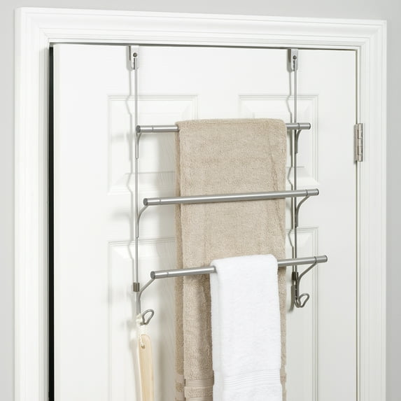 Mainstays SnugFit over-the-Door 3-Tier Towel Bar and 2 Hooks Hanging Storage, No Tools, Satin Nickel