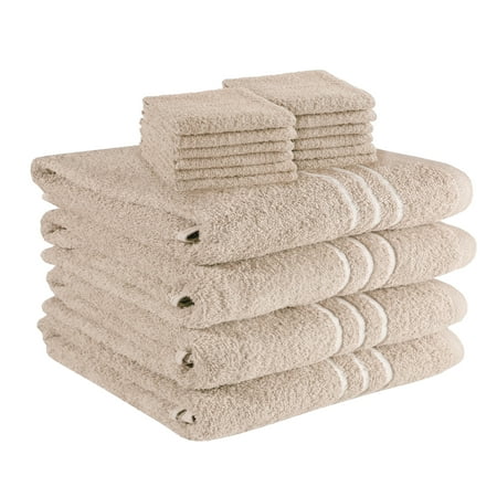 Mainstays Soft & Plush Touch 14 Piece Cotton Bath Towel Set, Tan
