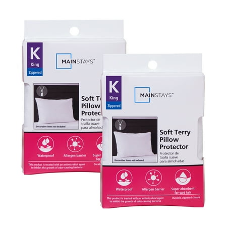 Mainstays Soft Terry Waterproof Zippered Pillow Protector, King, 2 Pack