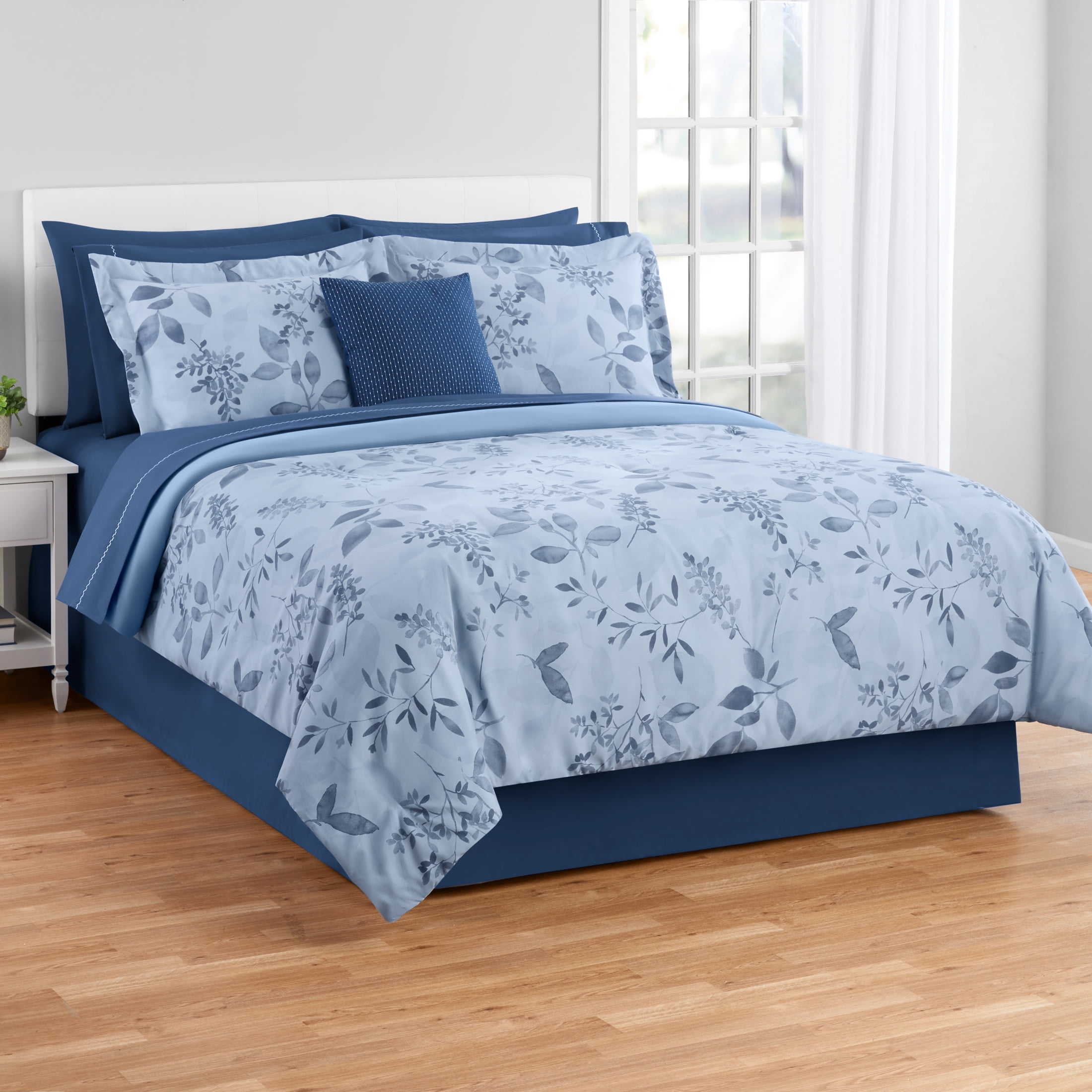 Mainstays Soft Touch Bed in a Bag 11-Piece Reversible Blue Floral Comforter Set with Sheets, Full