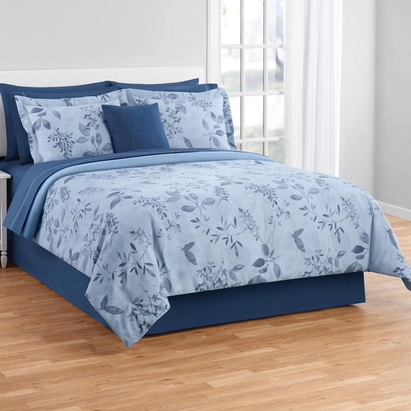 Mainstays All in One Reversible Comforter and Sheet set- 11 Piece, Queen, Blue Floral