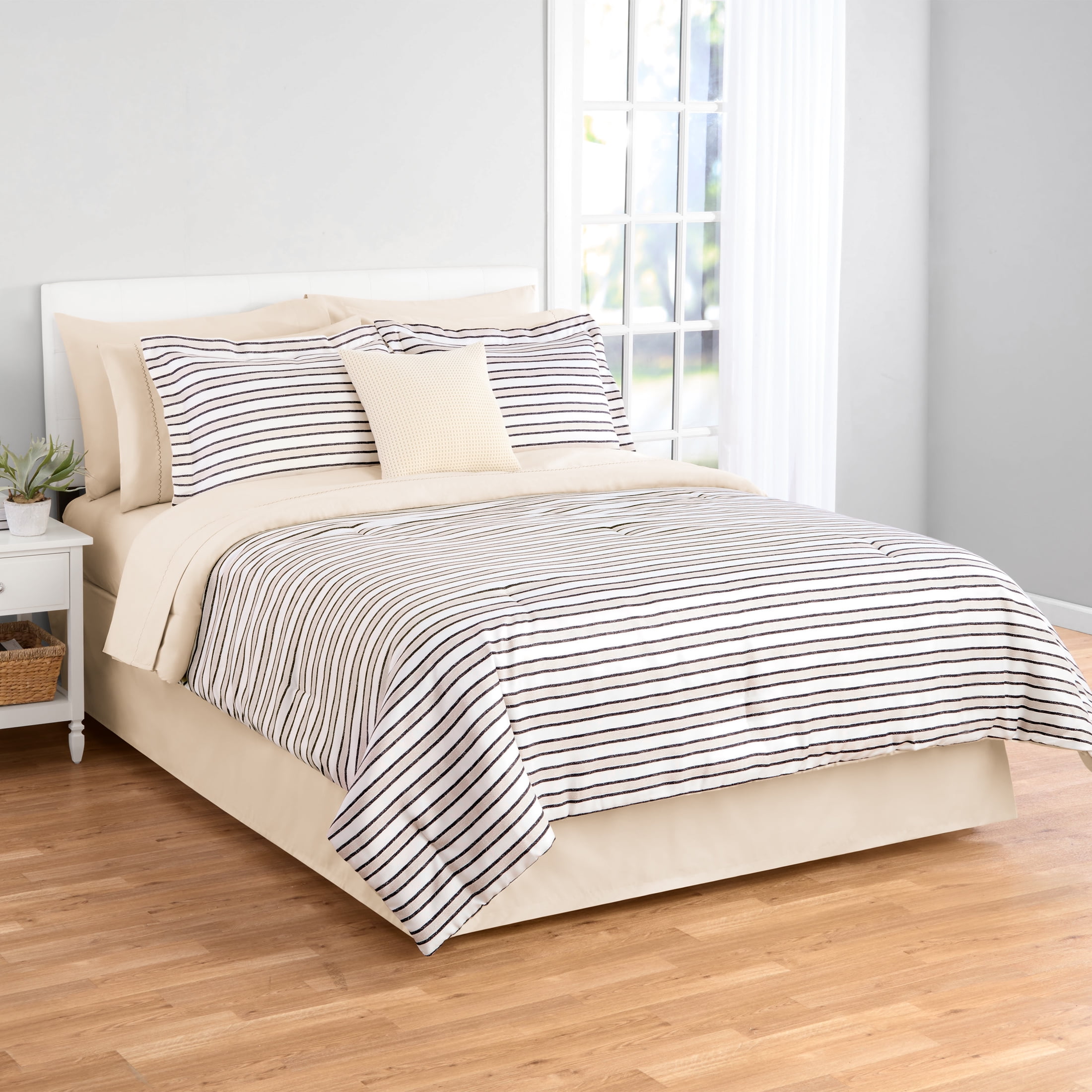 Mainstays Soft Touch Bed in a Bag 11-Piece Reversible Tan & Black Striped Comforter Set with Sheets, Full