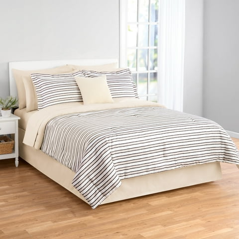 Mainstays Soft Touch Bed in a Bag 11-Piece Reversible Tan & Black Striped Comforter Set with Sheets, King