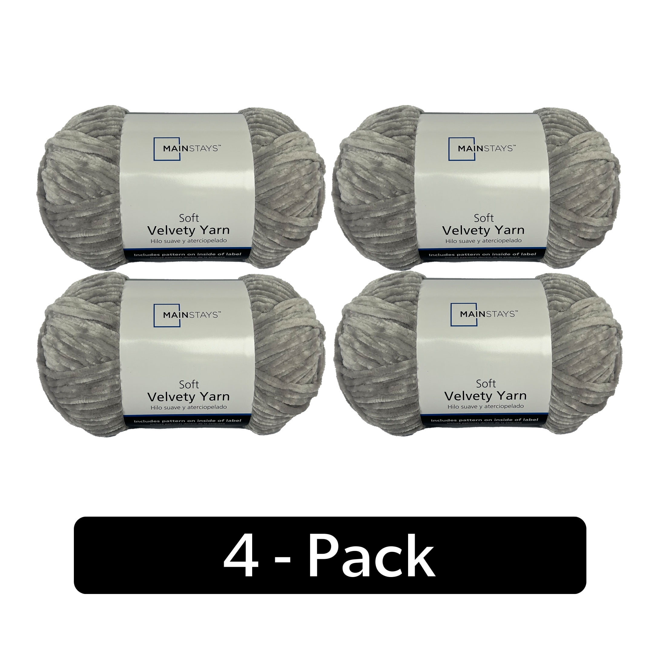 Mainstays Soft Velvety Yarn, 315 yd, Soft Silver, 100% Polyester, Pack of 4
