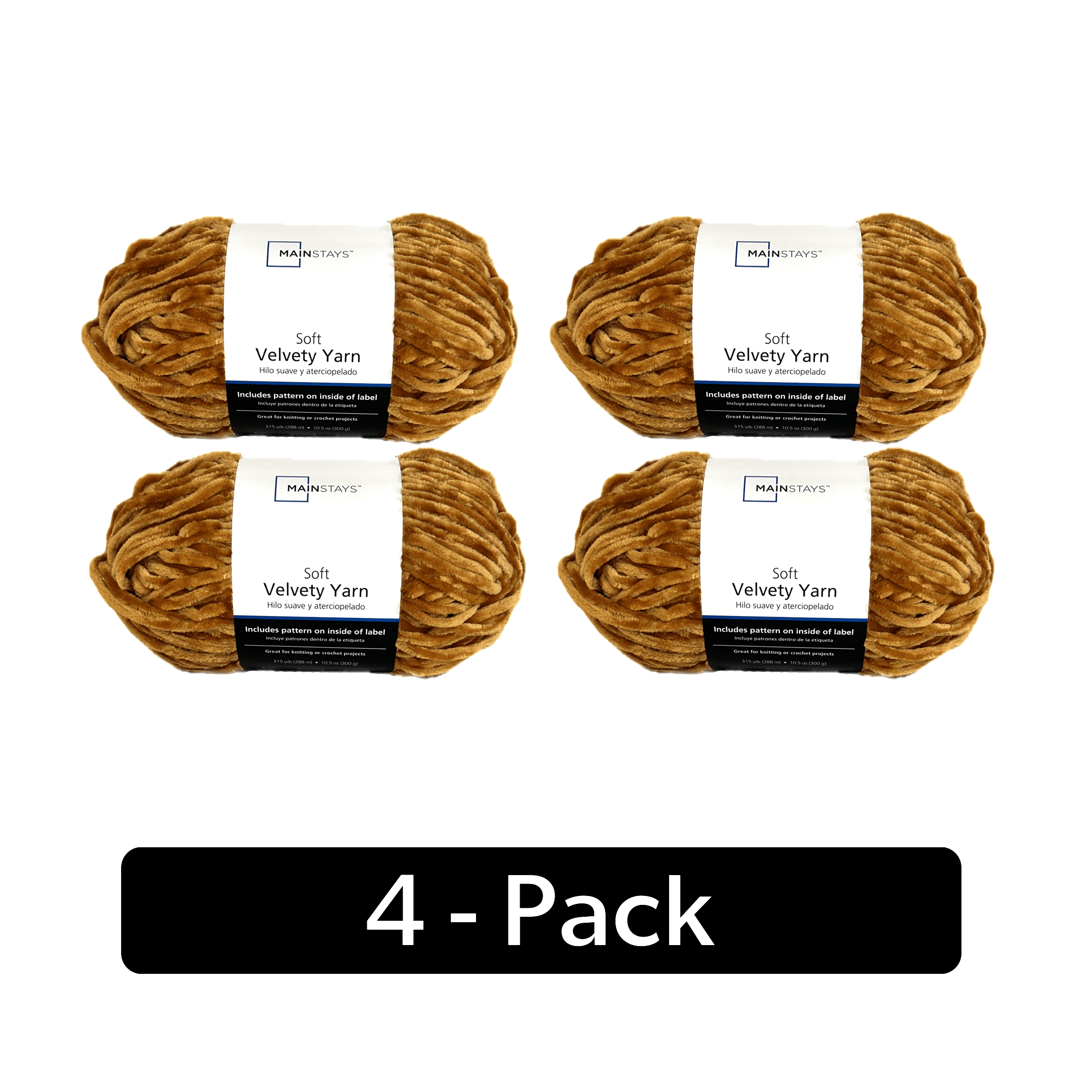 Mainstays Soft Velvety Yarn, 315 yd, Spiced Maple, 100% Polyester, Pack of 4