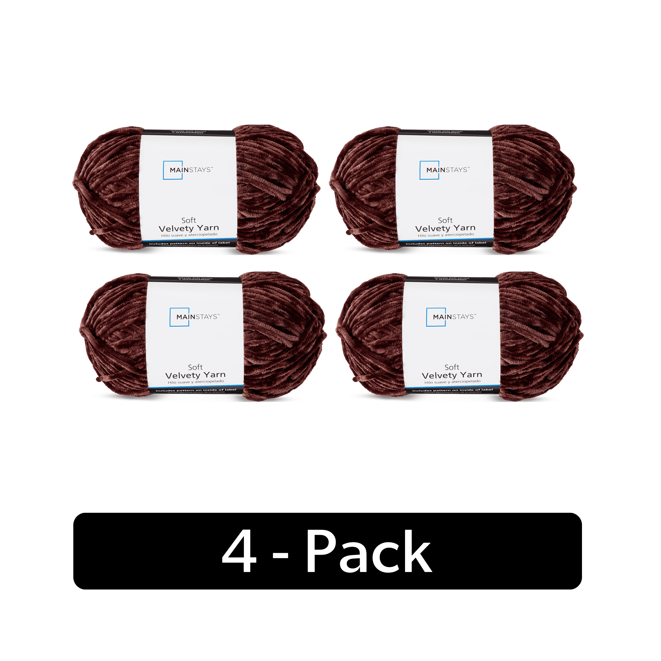 Mainstays Soft Velvety Yarn, 315 yd, Warm Chocolate, 100% Polyester, Pack of 4