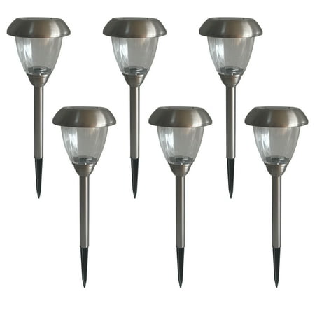 Mainstays Solar Powered Stainless Steel LED Pathway Lights with Glass Lens, 10 Lumens (6 Count)