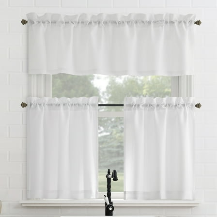 Mainstays 3-Piece Textured Semi Sheer Rod Pocket Kitchen Window Tier Pair and Valance, 2 Café Curtains and 1 Curtain Valance, Navy, 56"W x 36"L