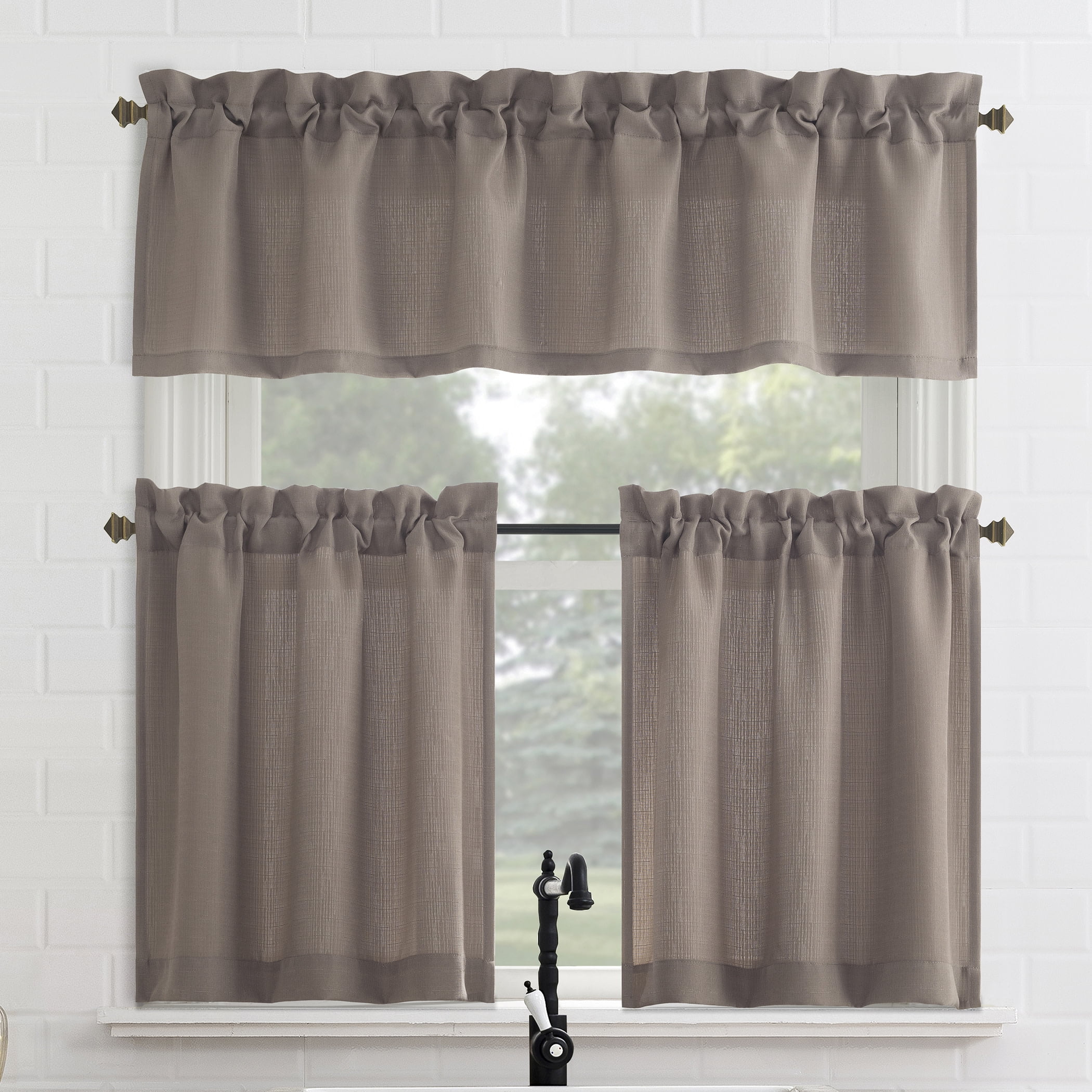 Mainstays 3-Piece Textured Semi Sheer Rod Pocket Kitchen Window Tier Pair and Valance, 2 Café Curtains and 1 Curtain Valance, Beige, 56"W x 36"L