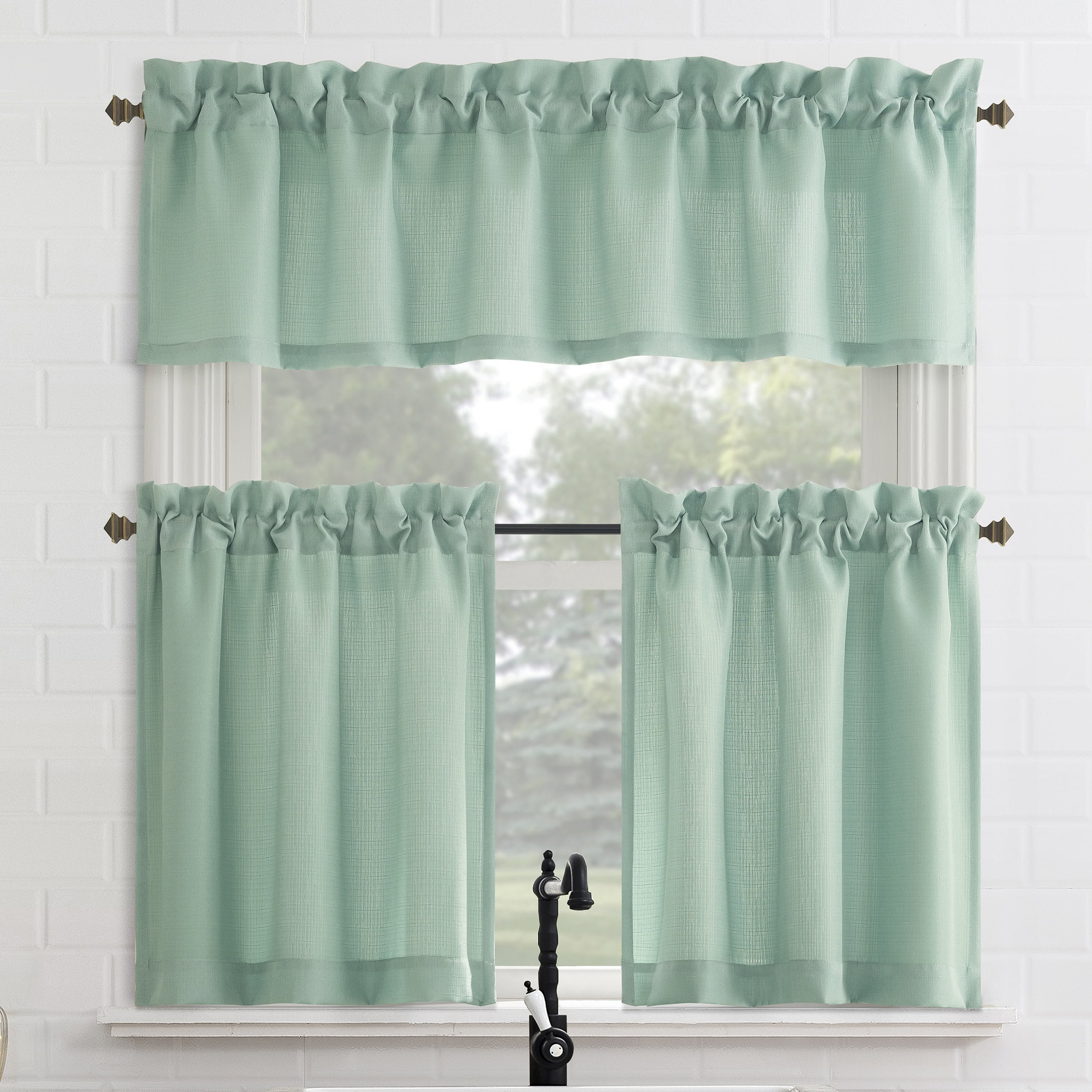Mainstays 3-Piece Textured Semi Sheer Rod Pocket Kitchen Window Tier Pair and Valance, 2 Café Curtains and 1 Curtain Valance, Aqua, 56"W x 36"L