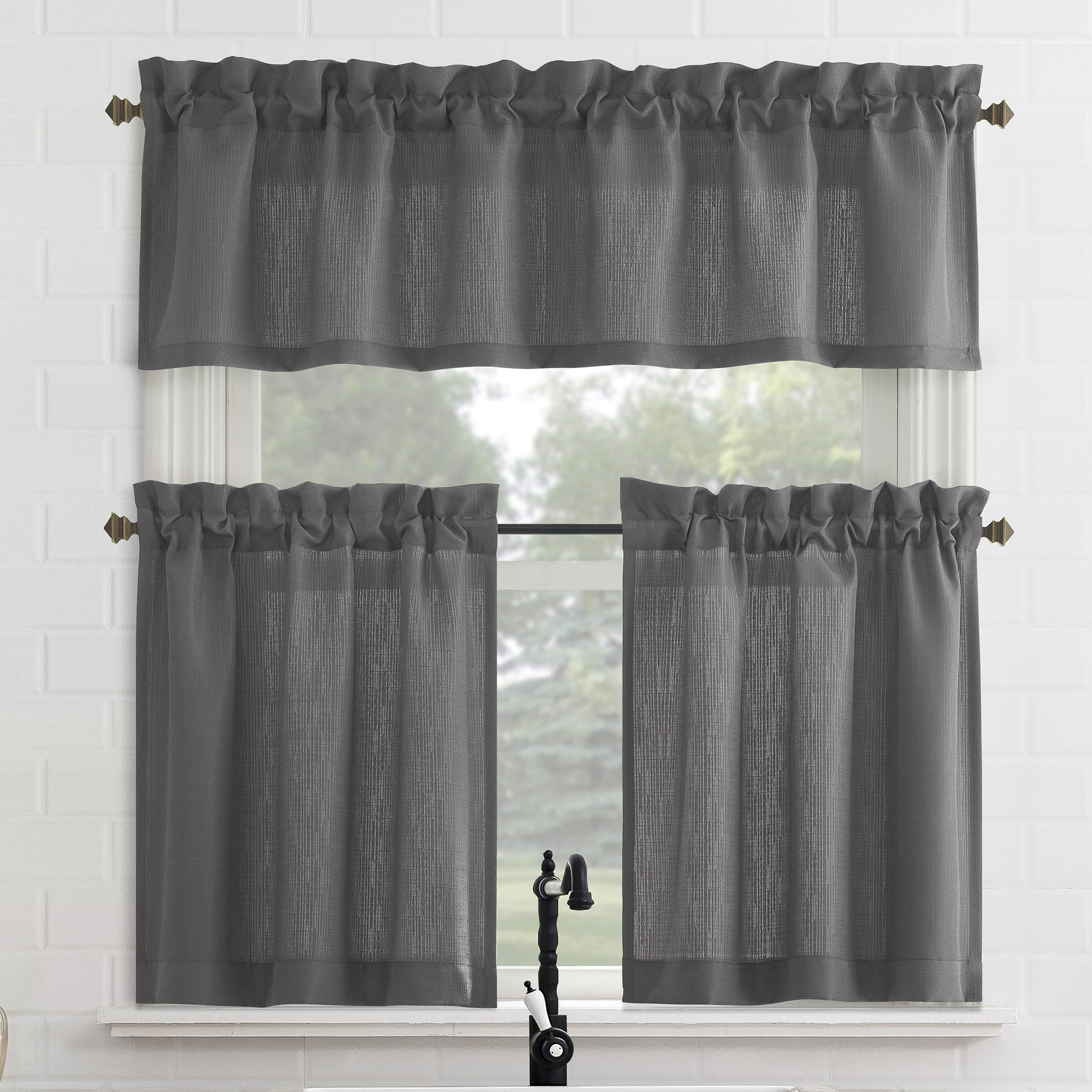 Mainstays 3-Piece Textured Semi Sheer Rod Pocket Kitchen Window Tier Pair and Valance, 2 Café Curtains and 1 Curtain Valance, Grey, 56"W x 36"L