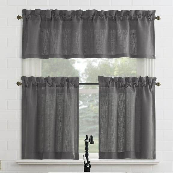 Mainstays 3-Piece Textured Semi Sheer Rod Pocket Kitchen Window Tier Pair and Valance, 2 Café Curtains and 1 Curtain Valance, Grey, 56"W x 36"L