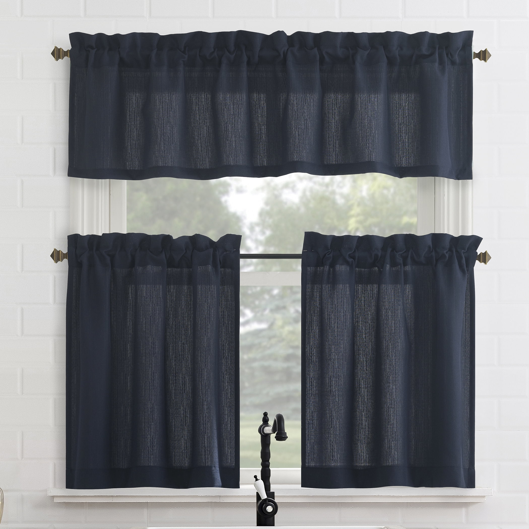 Mainstays 3-Piece Textured Semi Sheer Rod Pocket Kitchen Window Tier Pair and Valance, 2 Café Curtains and 1 Curtain Valance, Aqua, 56"W x 36"L