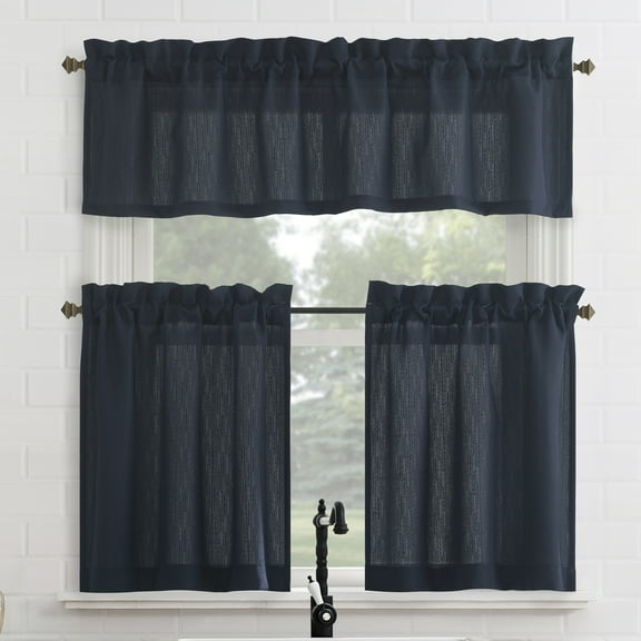 Mainstays 3-Piece Textured Semi Sheer Rod Pocket Kitchen Window Tier Pair and Valance, 2 Café Curtains and 1 Curtain Valance, Aqua, 56"W x 36"L