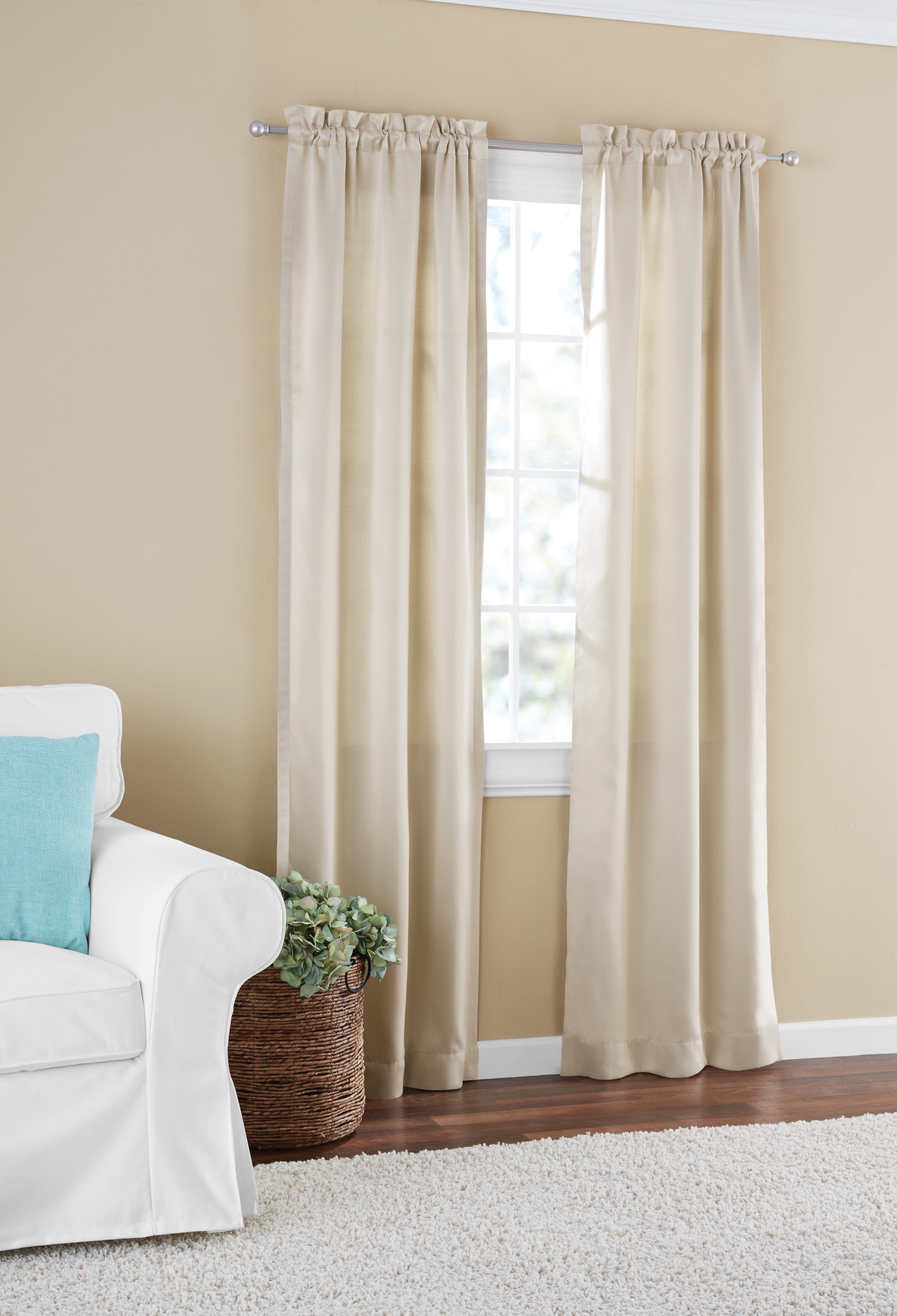 Mainstays Solid Beige Room Darkening Rod Pocket Curtain Panel Pair, 30