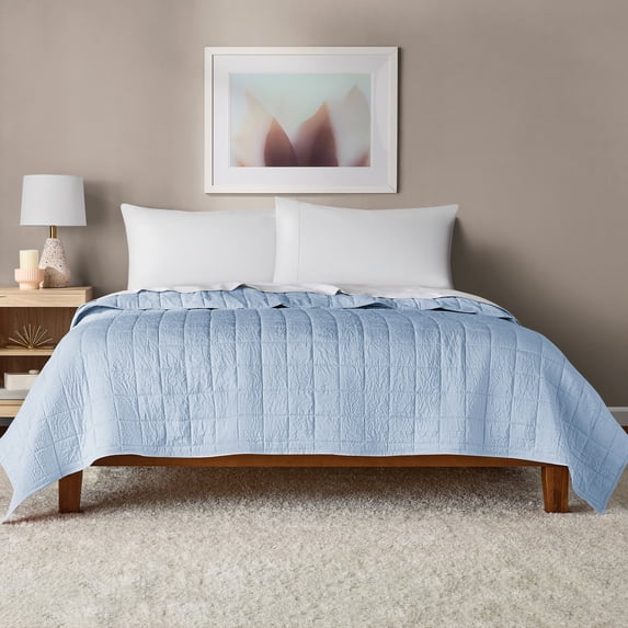 Mainstays Crinkle Quilt, Full/Queen, Light Blue, Soft Wash Microfiber Bedding