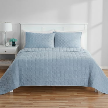 Mainstays Solid Textured Box Crinkle Quilt, Blue, Full/Queen, Soft Wash Microfiber, All Ages