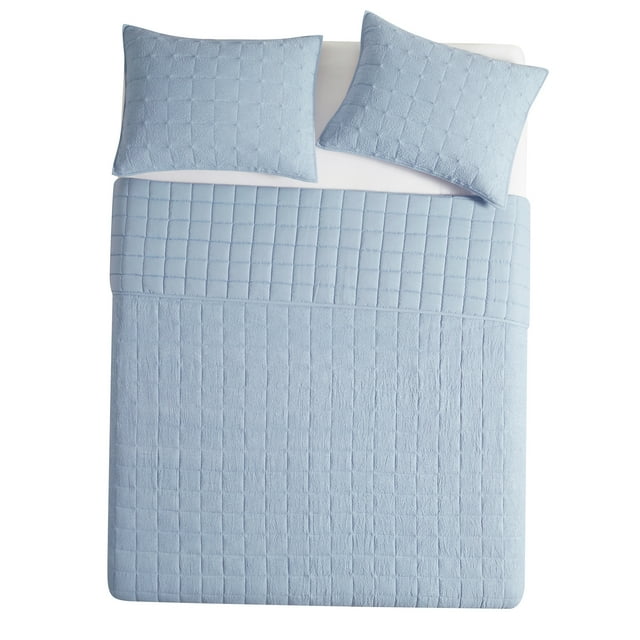 Mainstays Solid Blue Crinkle Box Soft Wash Microfiber Quilt, King