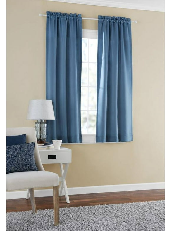 Mainstays Solid Blue Moonlight Room Darkening Rod Pocket Curtain Panel Pair, 30" x 63"