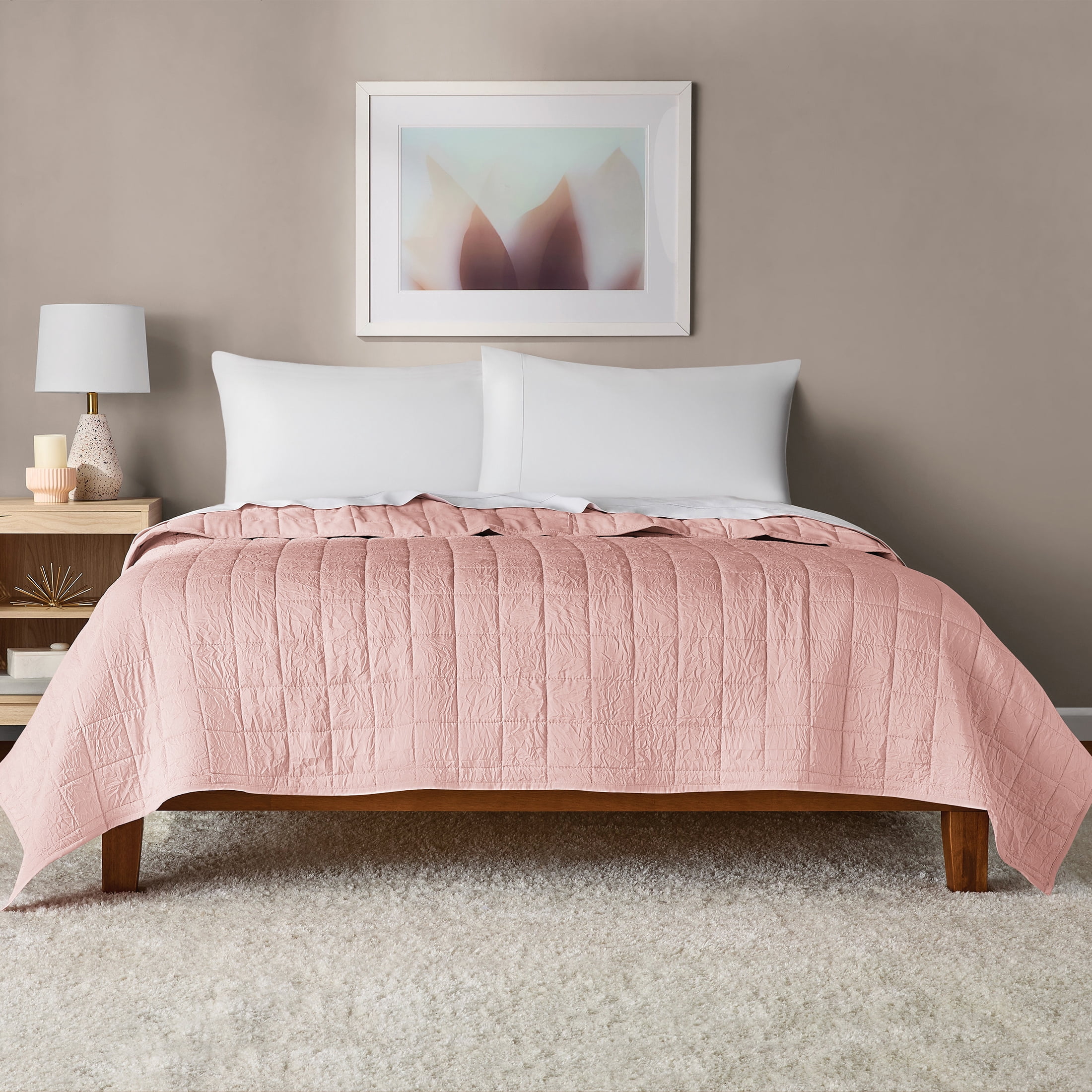 Mainstays Crinkle Quilt, Full/Queen, Pink Blush, Soft Wash Microfiber Bedding