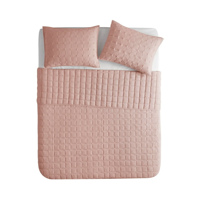 Mainstays Solid Blush Crinkle Box Soft Wash Microfiber Quilt, Full