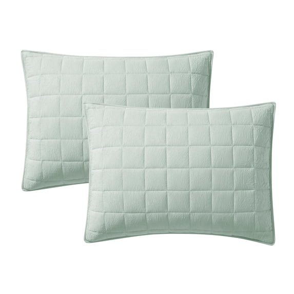 Mainstays Solid Textured Box Crinkle Quilted Pillow Sham, Light Green, King, Soft Wash, 2 Pack, All Ages