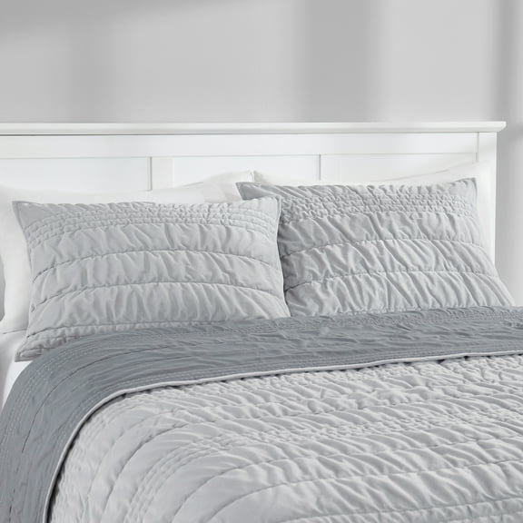 Mainstays Solid Grey Zig Zag Stripe Reversible Crystal Mink Pillow Shams, Standard (2 Count)