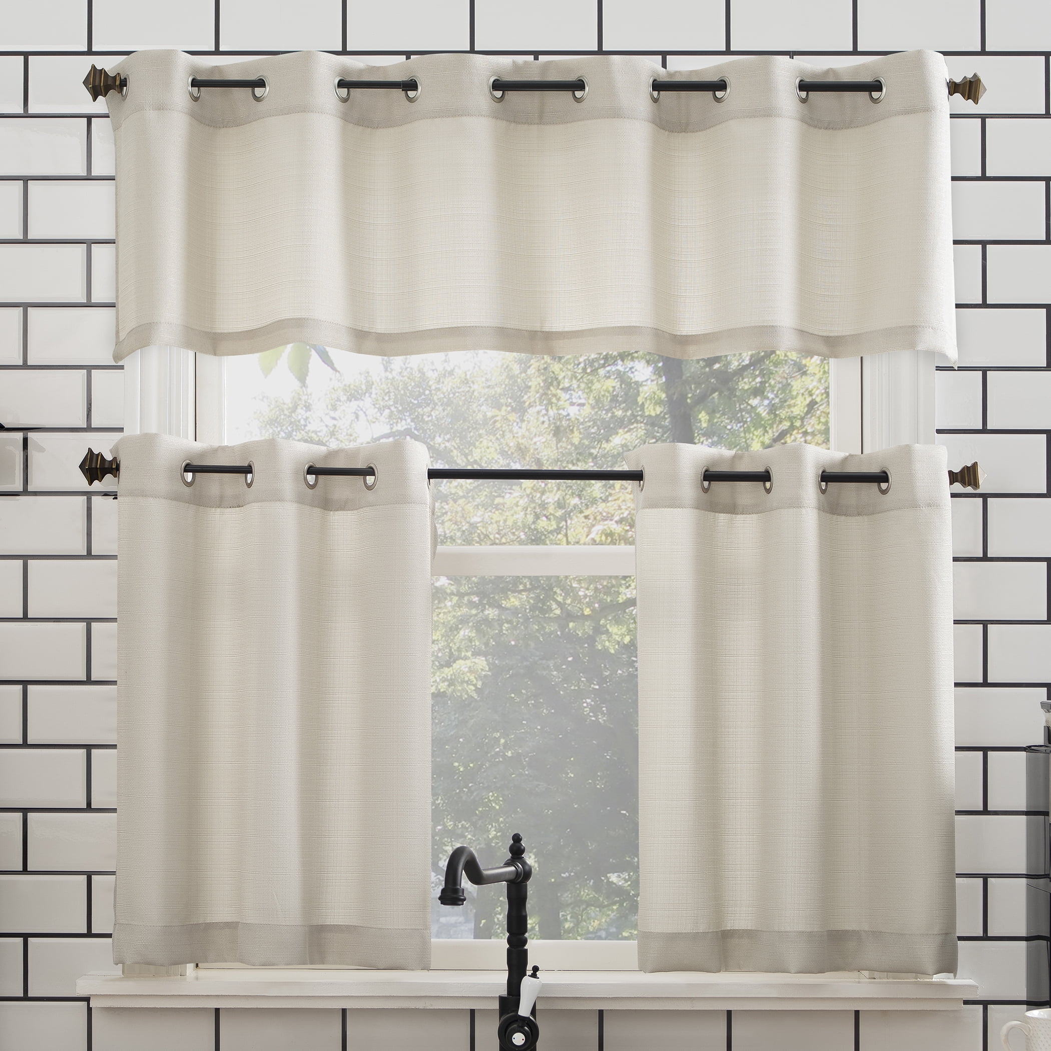 Mainstays Solid Semi Sheer Curtain Tier Pair and Valance Set,3 Piece Ready Made Kitchen Curtains, Beige, 54" W x 24" L