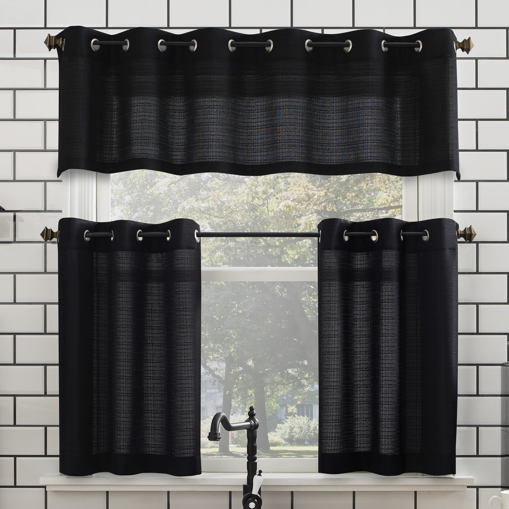 Mainstays Solid Semi Sheer Curtain Tier Pair and Valance Set, 3 Piece Ready Made Kitchen Curtains, Black, 54" W x 24" L