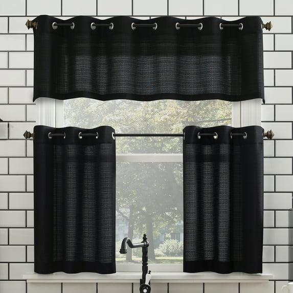 Mainstays Solid Semi Sheer Curtain Tier Pair and Valance Set, 3 Piece Ready Made Kitchen Curtains, Black, 54" W x 24" L