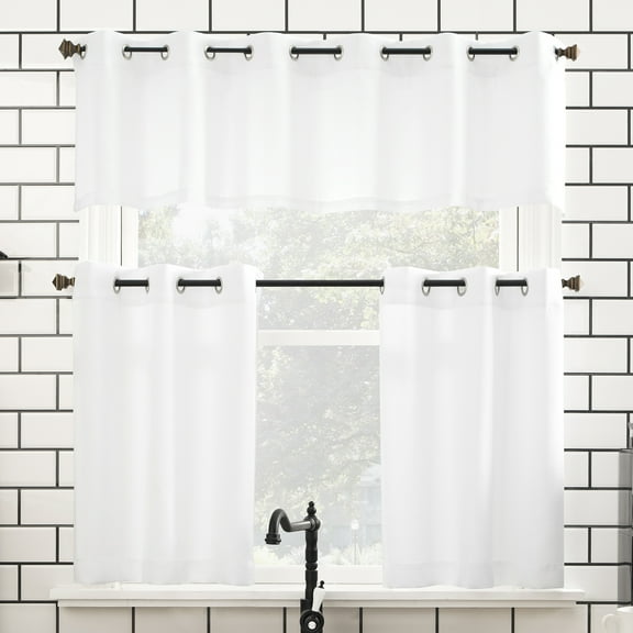 Mainstays Solid Semi Sheer Curtain Tier Pair and Valance Set, 3 Piece Ready Made Kitchen Curtains, White, 54" W x 24" L