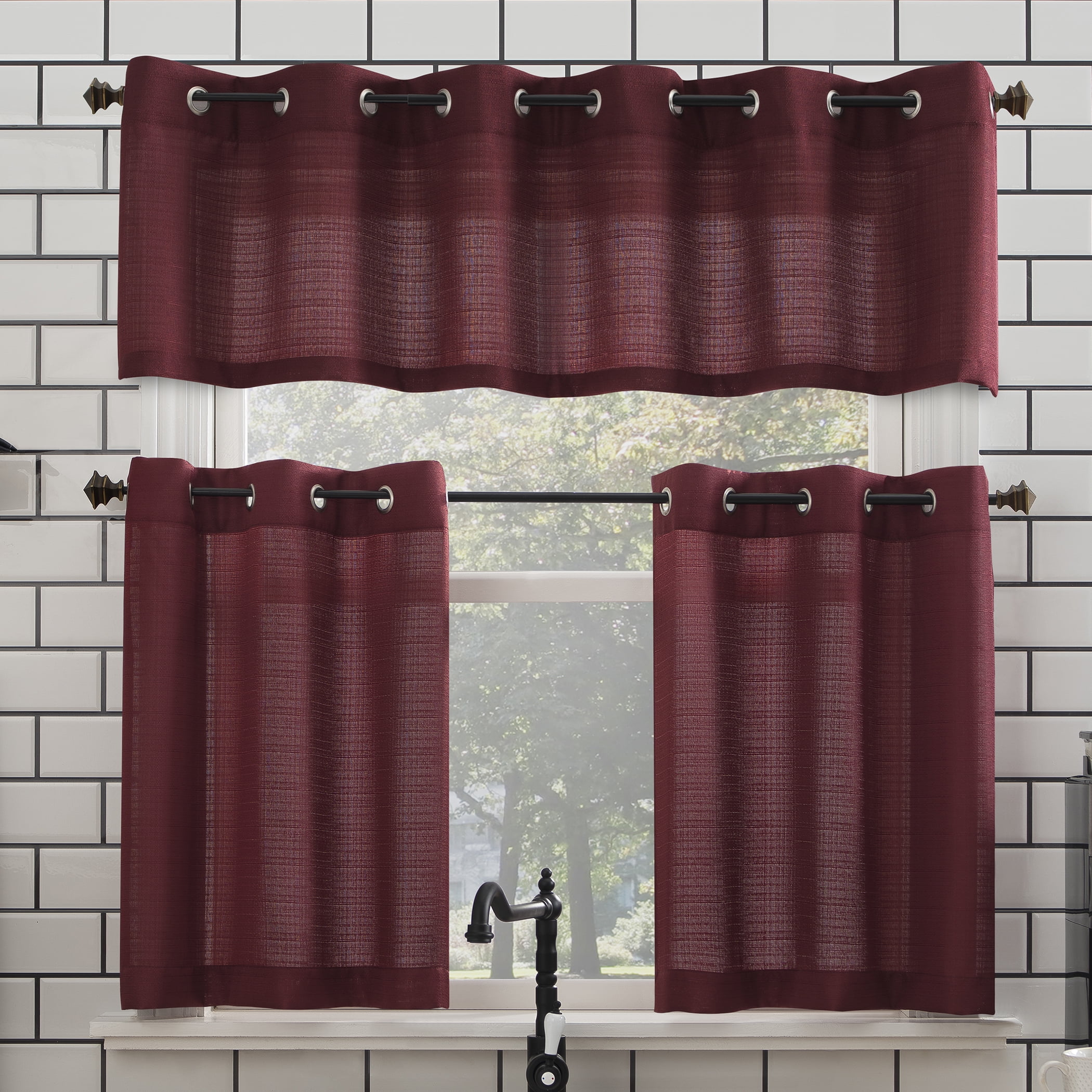 Mainstays Semi-Sheer Curtain Tier Pair and Valance Set, 3-Piece, Wine, 54 in W x 24 in L