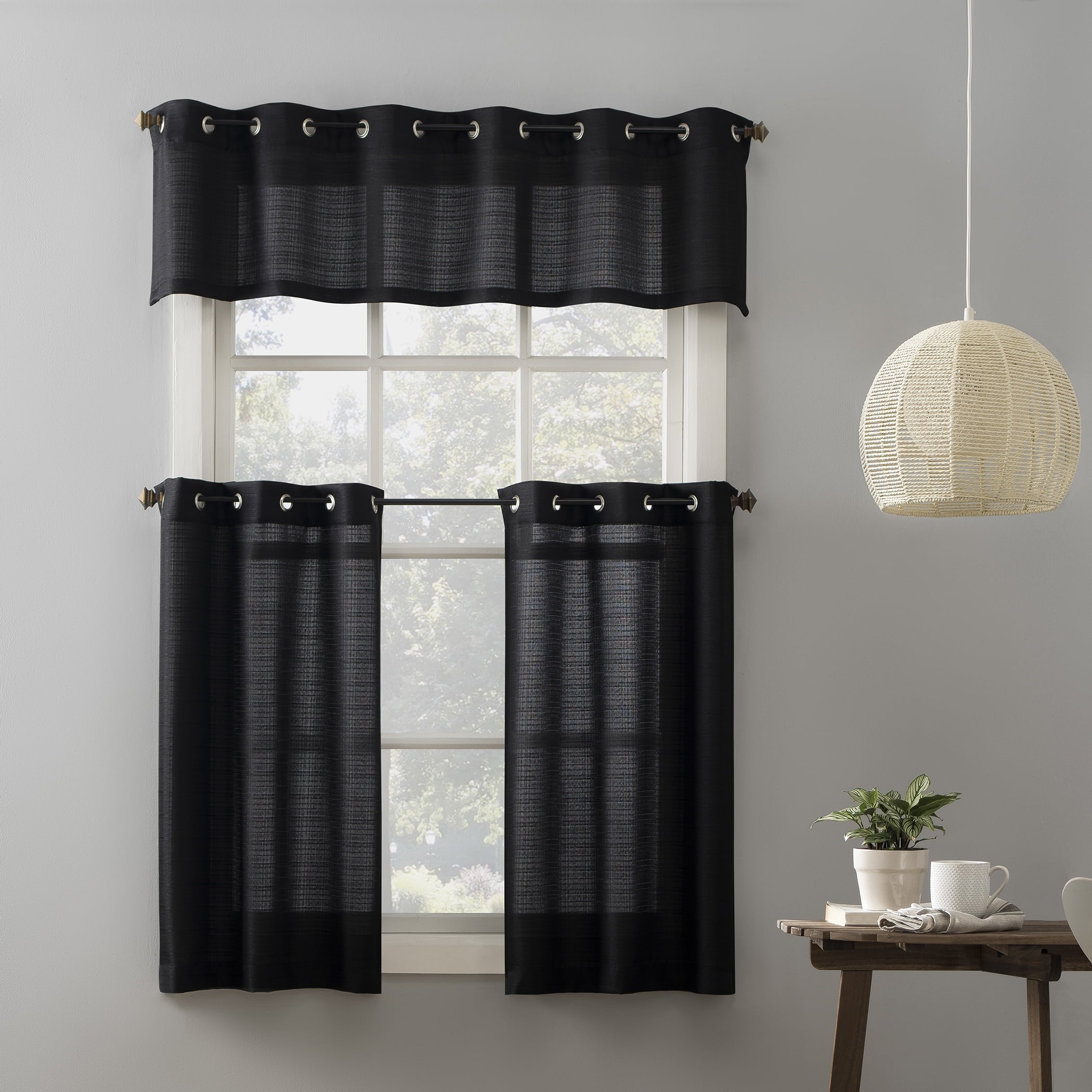 Mainstays 3 Piece Grommet Kitchen Curtain Set, 54" W x 36" L, Black
