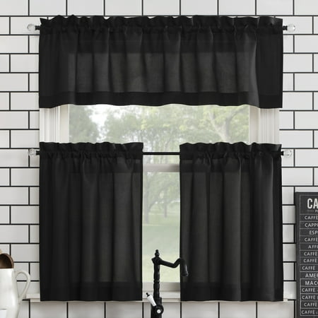Mainstays Solid Micorofiber Semi-Sheer 3-Piece Kitchen Curtain Tier and Valance Set, 54" x 45", Black