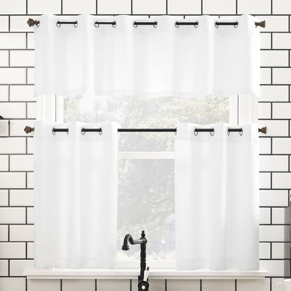 Mainstays Solid Semi-Sheer Curtain Tier Pair and Valance Set, 3-Piece, White, 54 in W x 24 in L