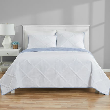Mainstays Solid Diamond Pinsonic Reversible Quilt, White, Full/Queen, Soft Wash Microfiber, All Ages