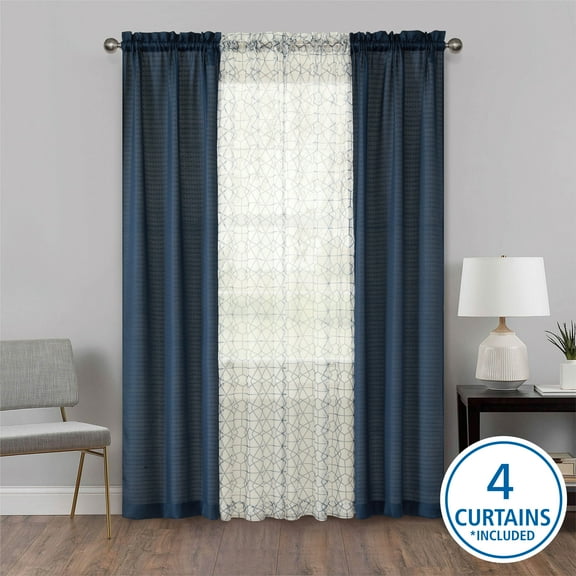 Mainstays Curtain and Sheers Set, 4 Panels, Blue Moon, 27.5" W x 84” L