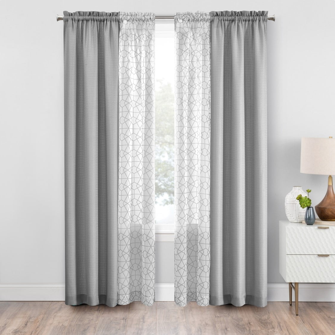 Mainstays Curtain and Sheers Set, 4 Panels, Silver, 27.5" W x 84” L