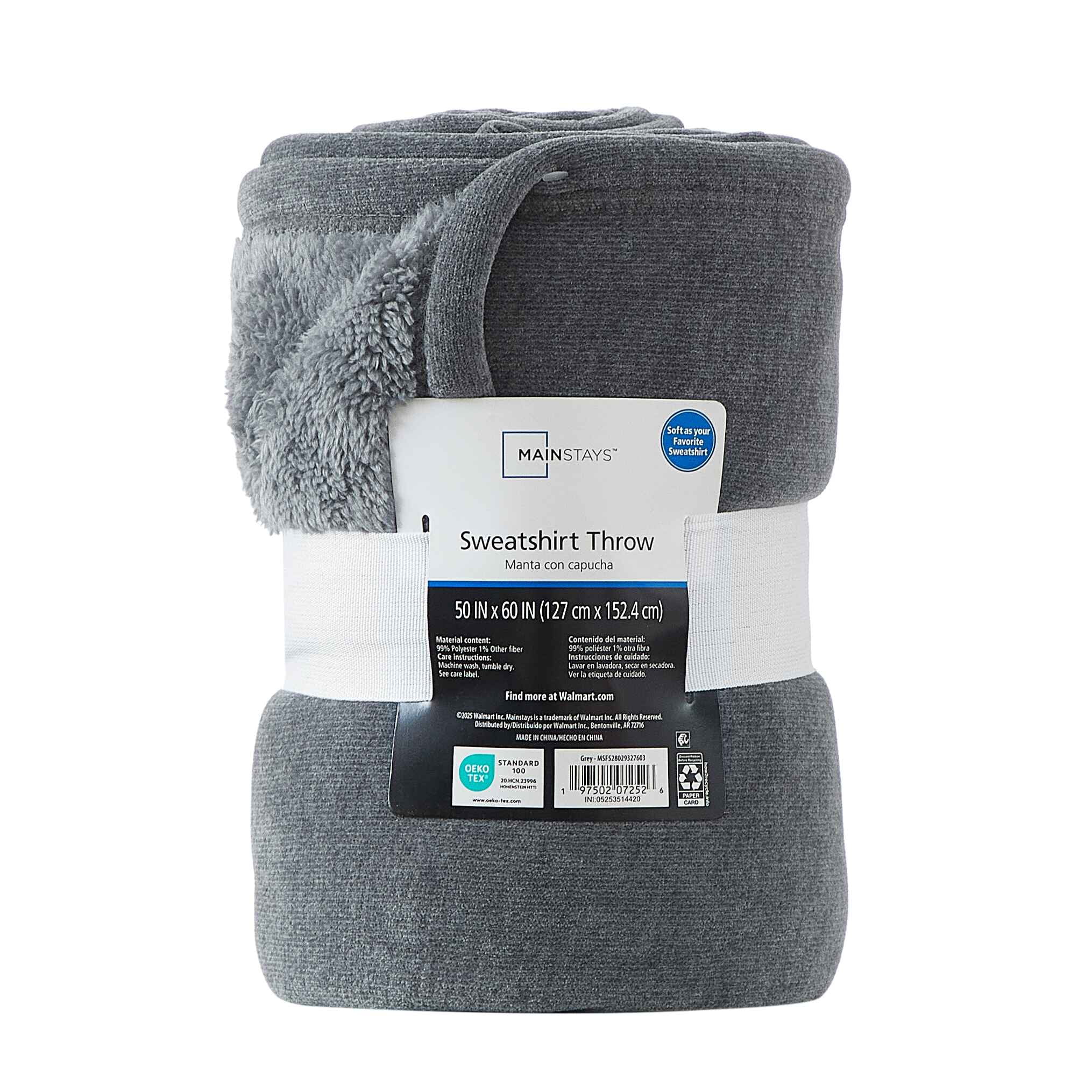 Mainstays Cozy Sweatshirt Chenille Throw Blanket, Soothing Grey