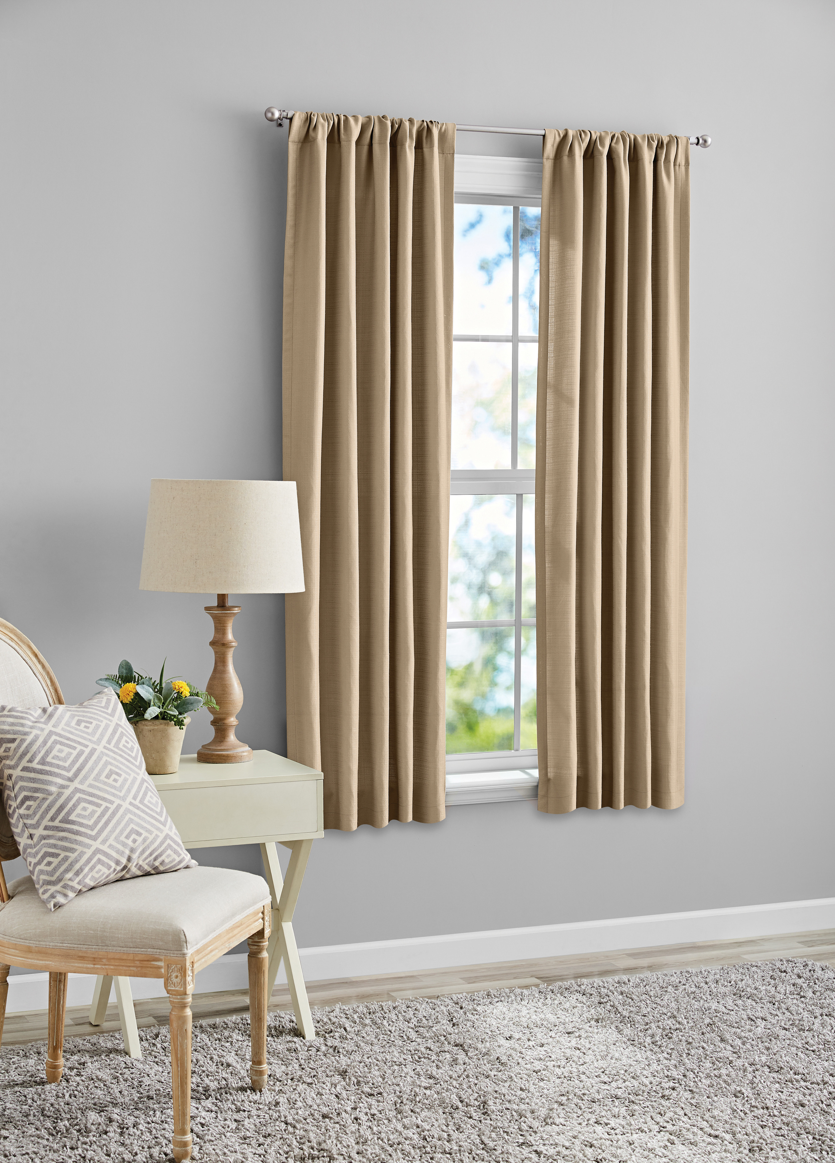 Mainstays Southport Beige Solid Color Light Filtering Rod Pocket Curtain Panel Pair, 40" x 63" - image 1 of 9