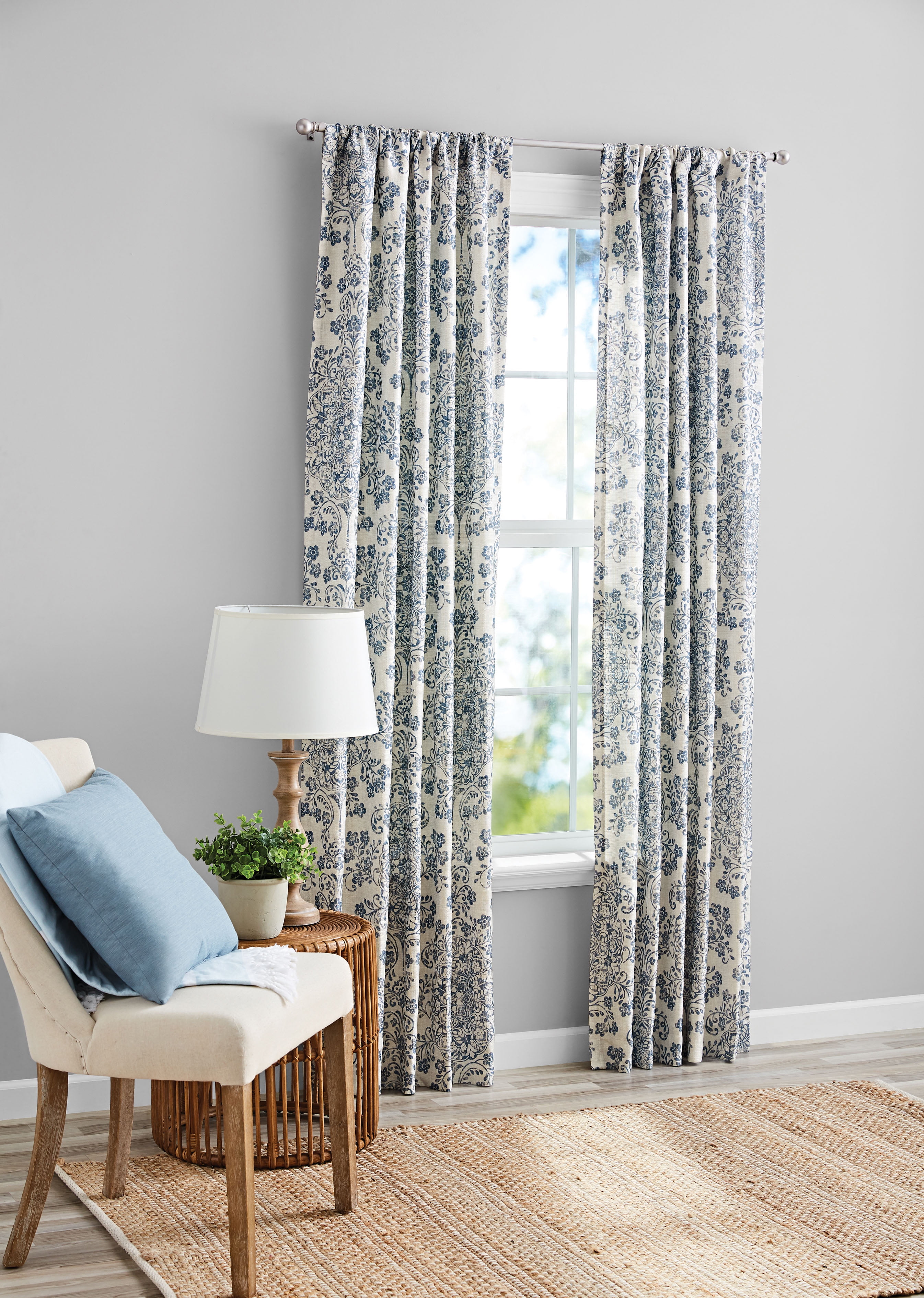 Mainstays Southport Light Filtering Rod Pocket Textured Curtain Panel, Set of 2, Blue Damask, 40” W x 84” L