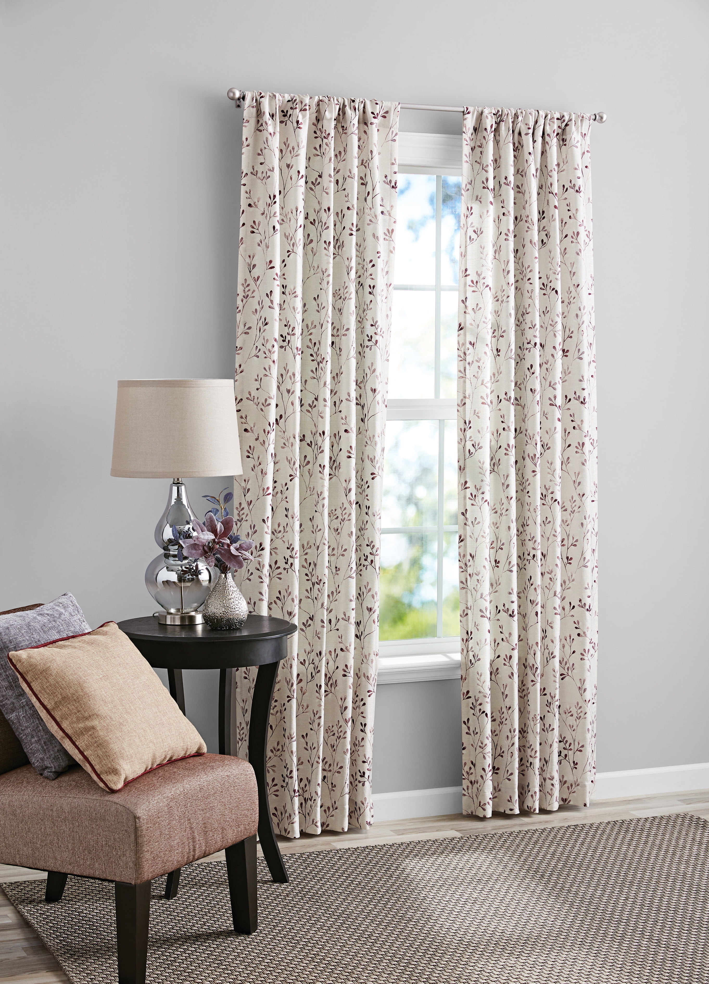 Mainstays Southport Light Filtering Rod Pocket Textured Curtain Panel, Set of 2, Burgundy Floral, 40” W x 84” L