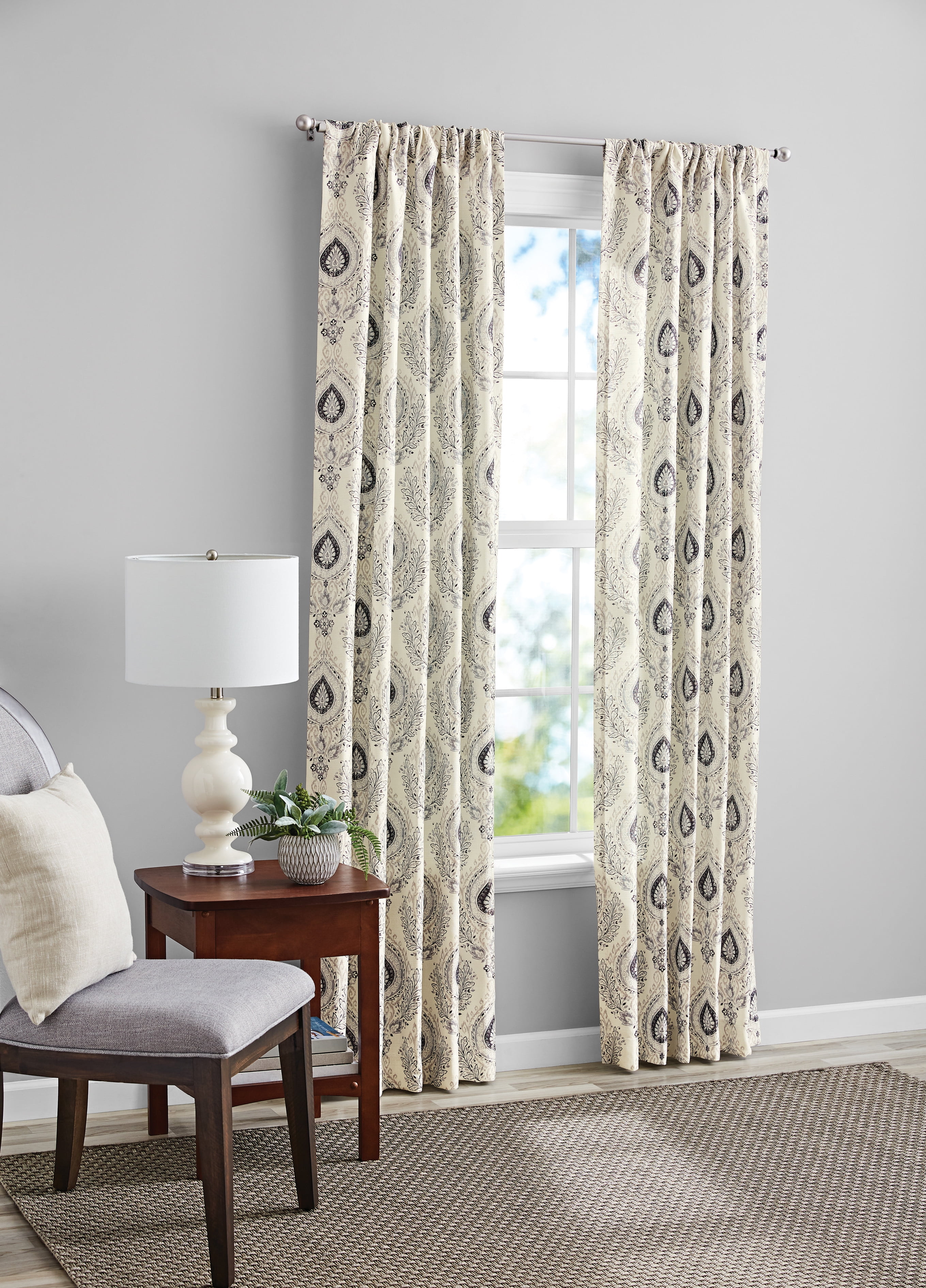 Mainstays Southport Light Filtering Rod Pocket Textured Curtain Panel, Set of 2, Charcoal Arabesque, 40” W x 84” L