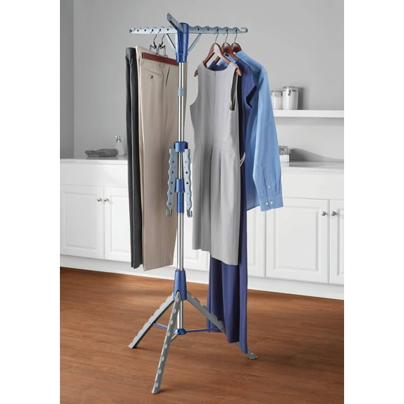 Mainstays Space-Saving 2-Tier Steel Tripod Hanging Clothes Drying Rack, Blue/Silver