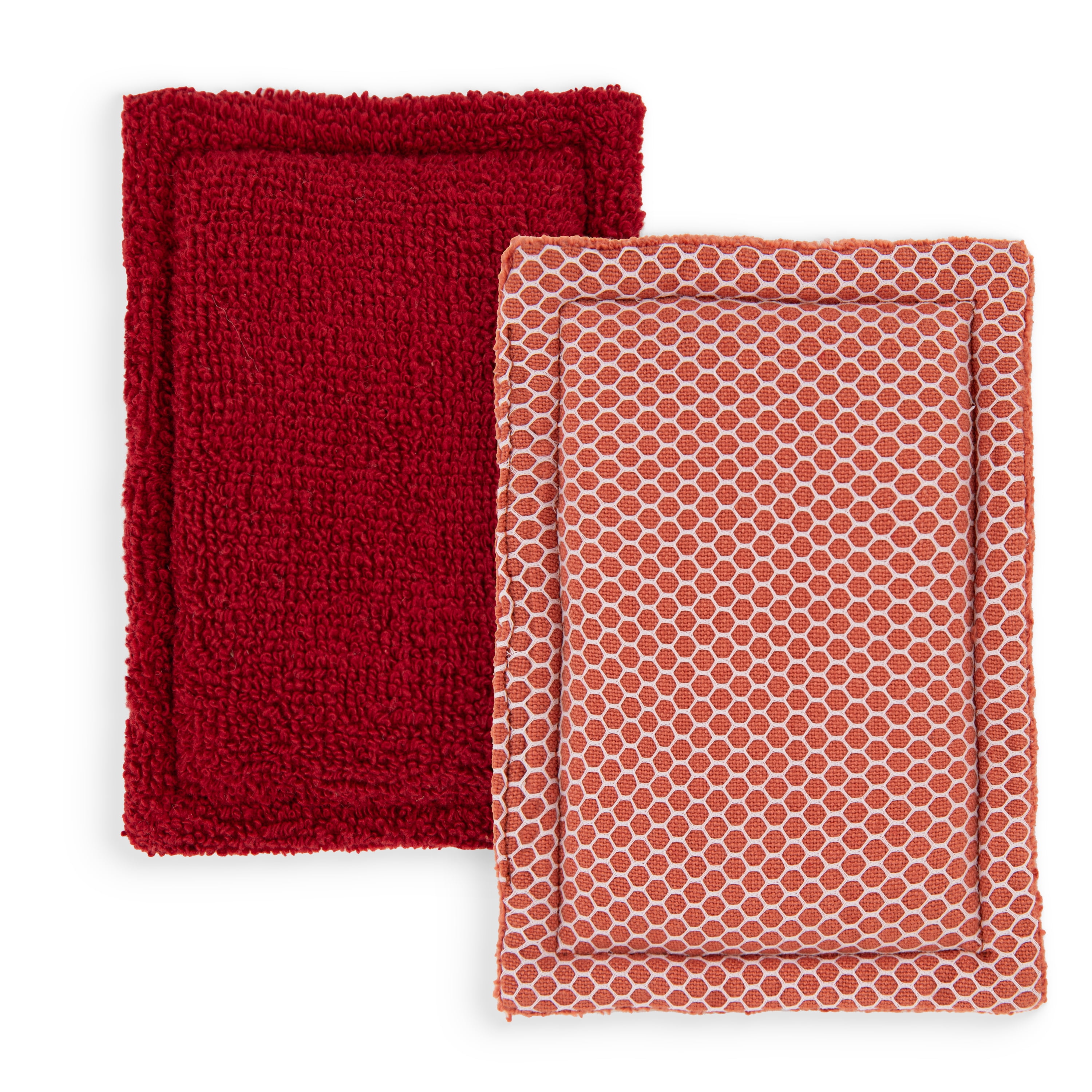 Mainstays Sponge Scrubbers, 4.5 x 5 inches, 100% Cotton Shell, 2 Count per Pack, Red