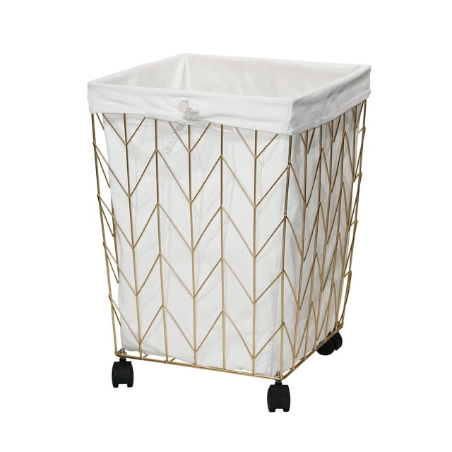 Mainstays Square Chevron Pattern Metal Laundry Hamper with Wheels, Gold & Natural