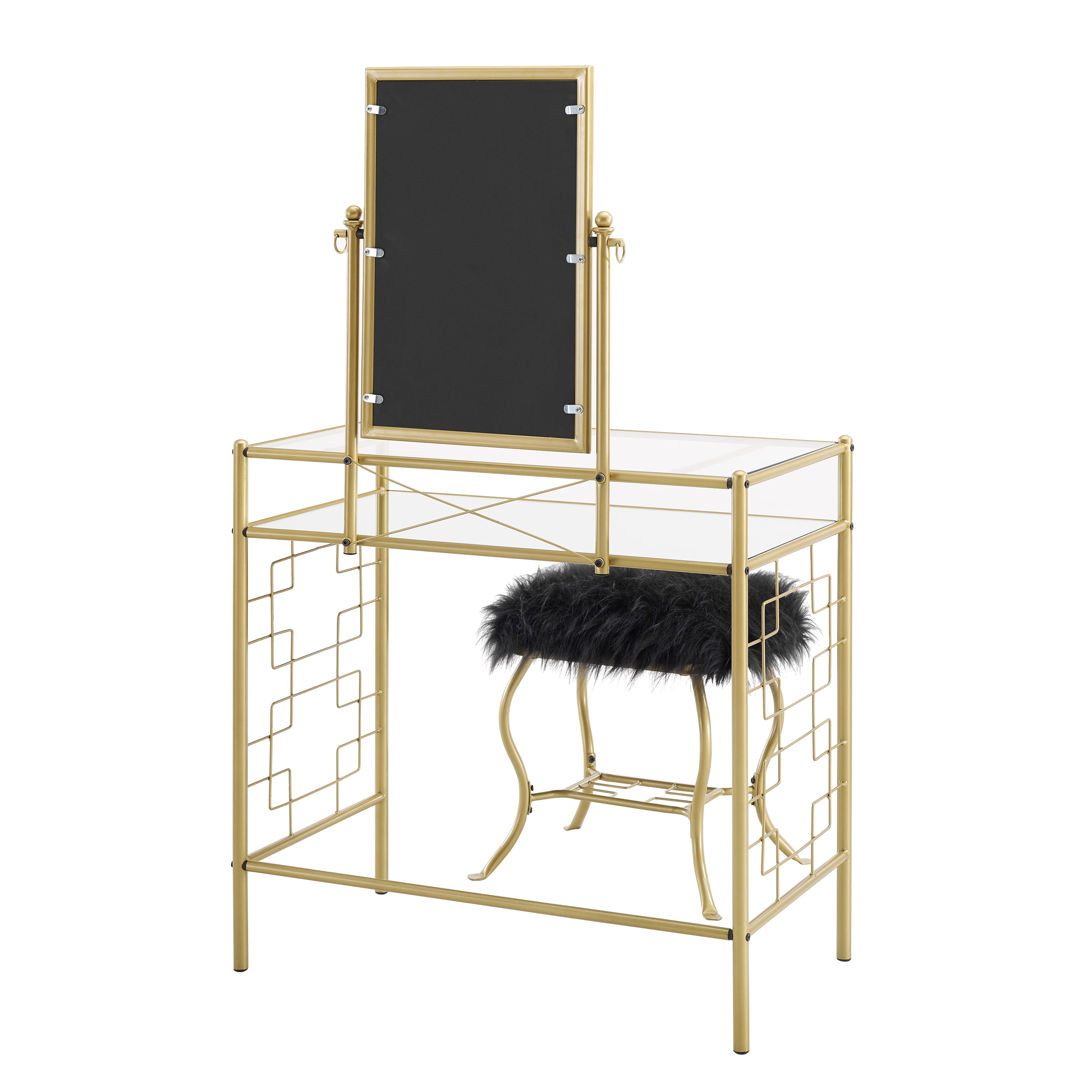 Mainstays Square Geo Gold Metal Vanity with Faux Fur Stool, Black and